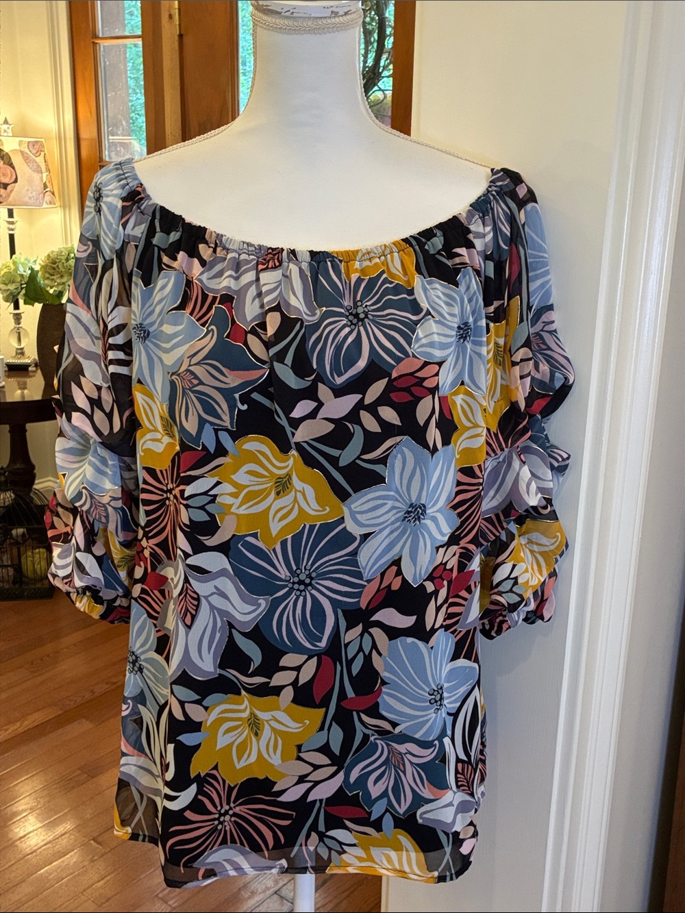 Coco Bianco Black Floral Top with Blue and Mustard Blooms and Gathered Sleeves